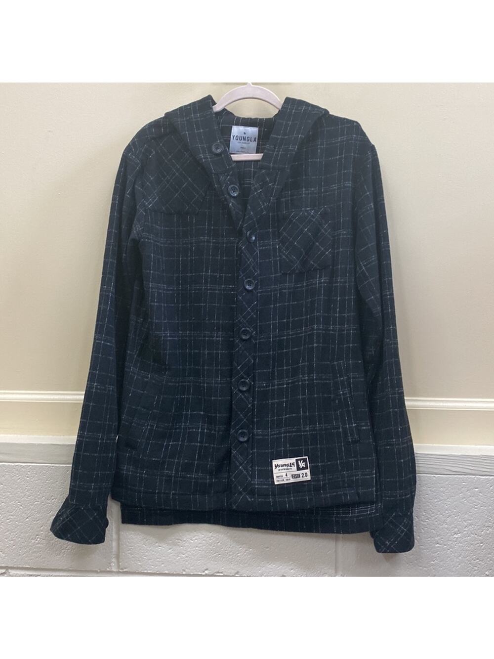 YoungLa S button down black and white hooded jacket